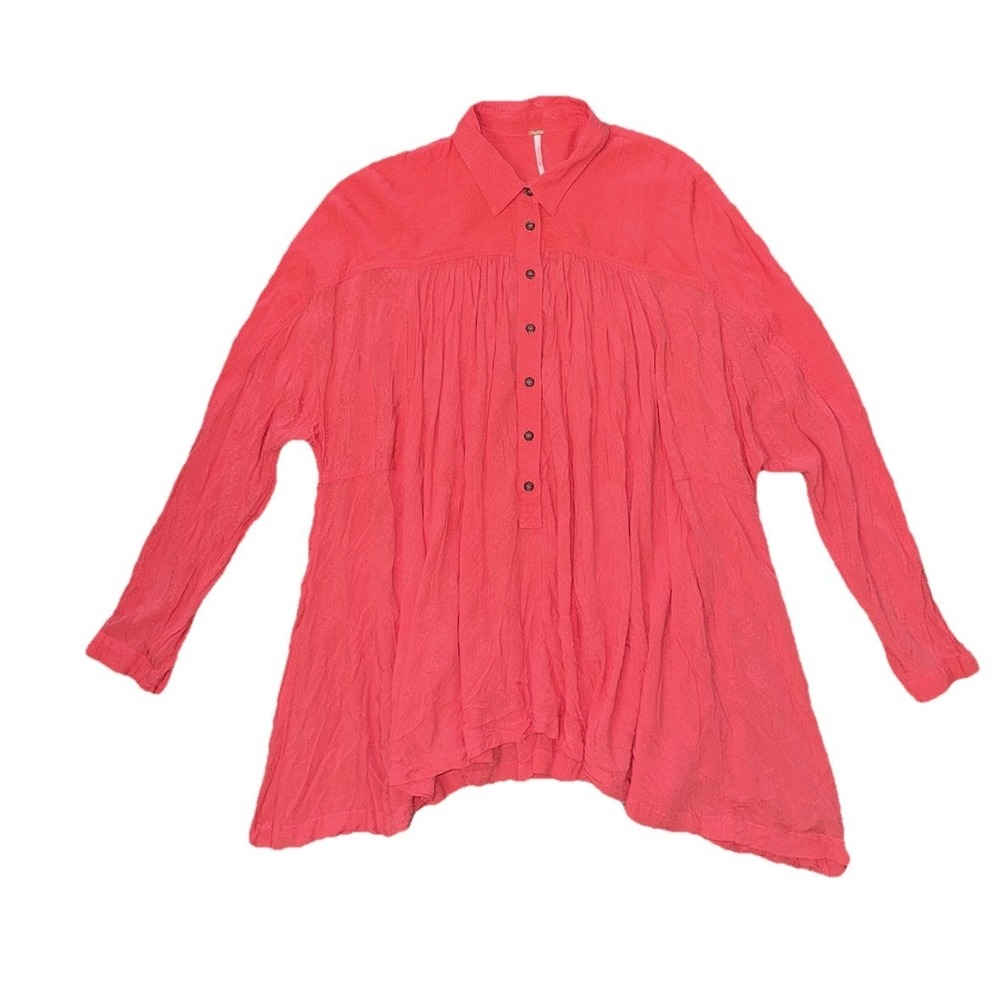Free People Lovely Day Coral Pink Long Sleeve 1/2 Button Oversized Top Sz Small